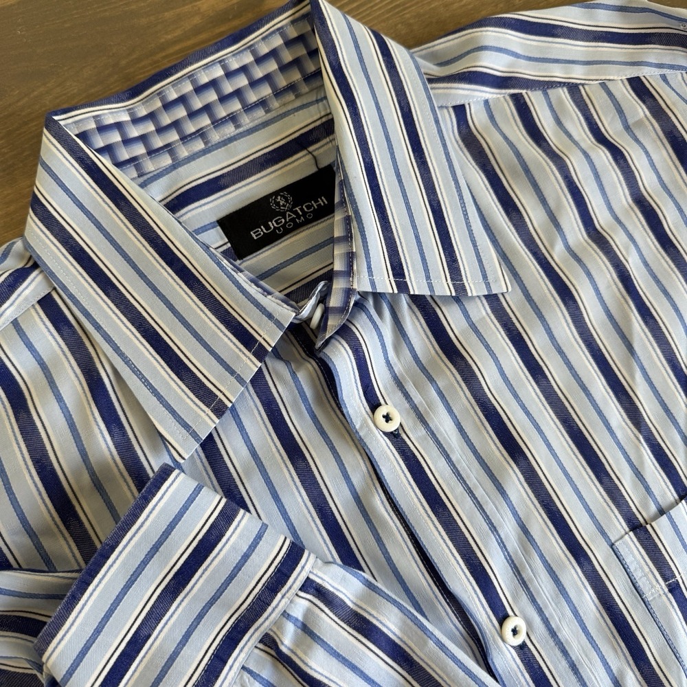 Bugatchi Uomo Men's XL Blue White Stripe Long Sleeve Button Up Shirt Collar Top
